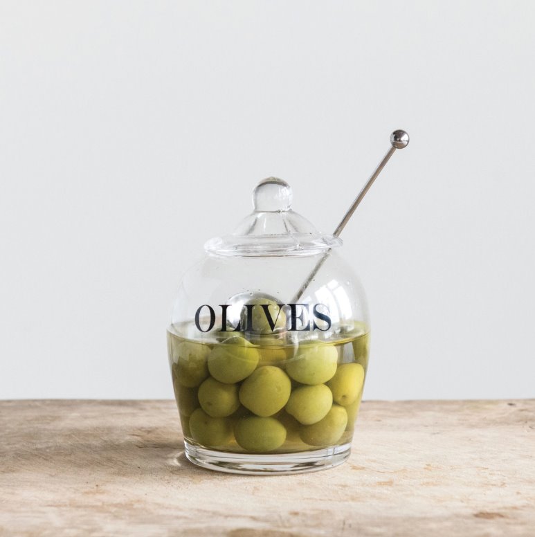 Bocal à olives en verre avec cuillère en acier inoxydable
