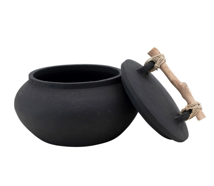 Récipient décoratif en terre cuite avec couvercle et poignée en bois flotté