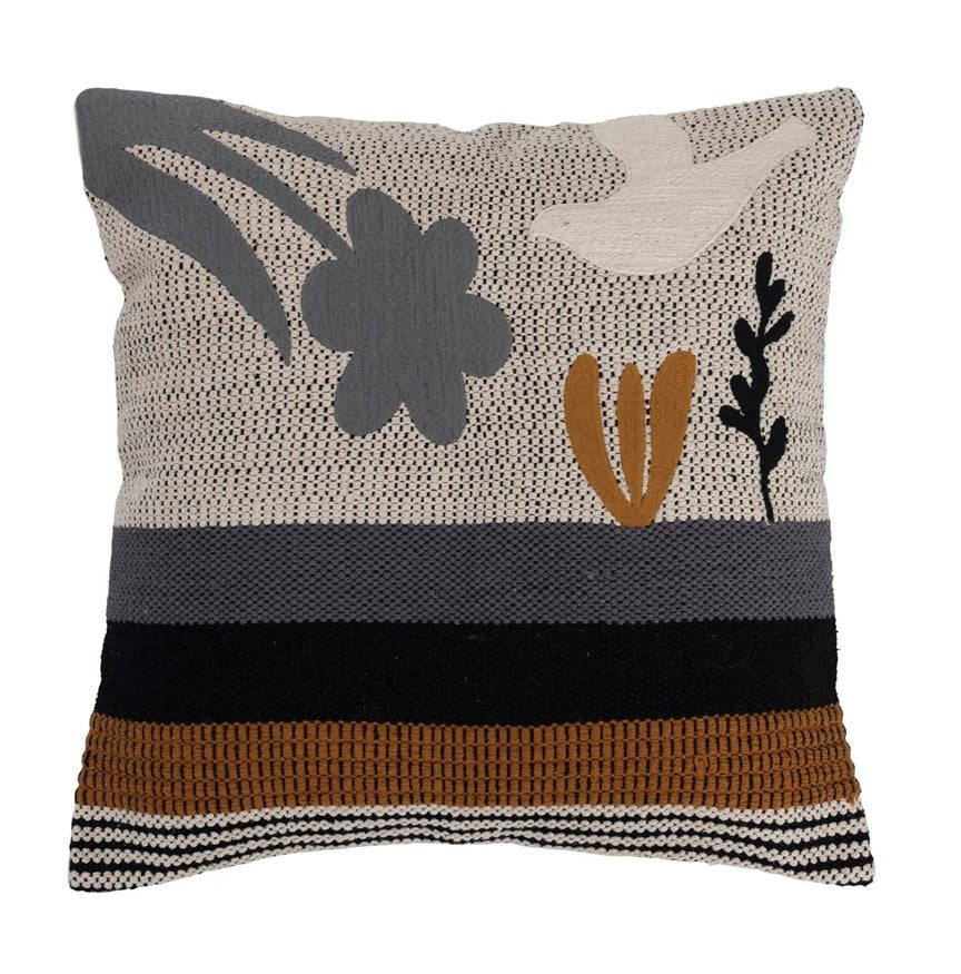 Coussin en coton 20 cm avec motif d'oiseaux et de fleurs, garnissage en polyester