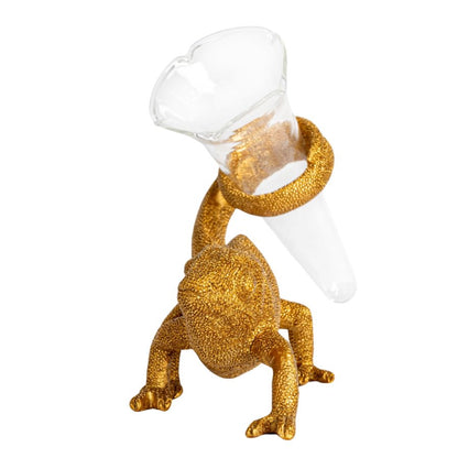 Caméléon avec vase en verre