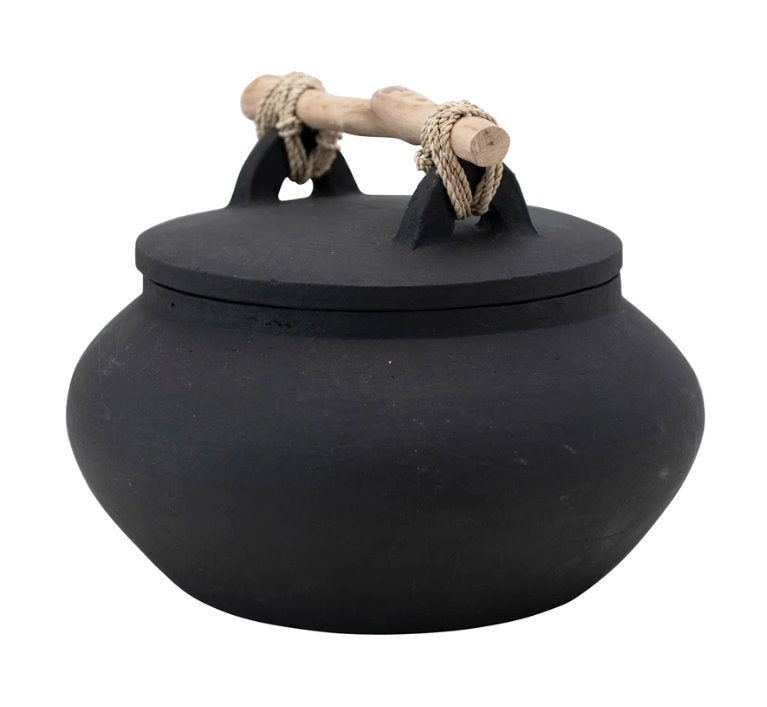 Récipient décoratif en terre cuite avec couvercle et poignée en bois flotté