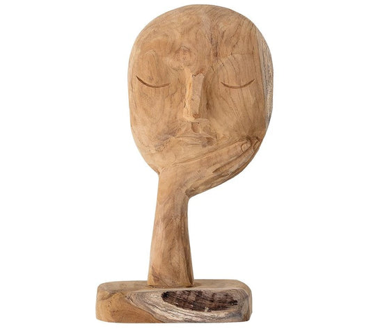 Sculpture en bois sculpté représentant un visage reposant sur une main