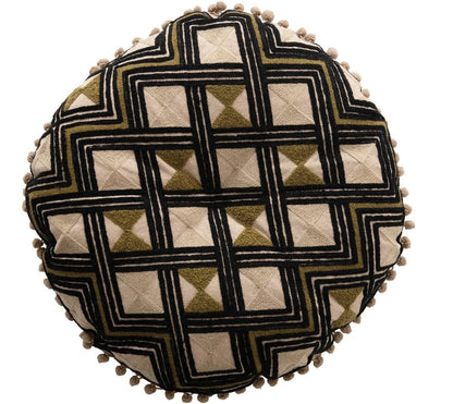Coussin rond en coton brodé avec pompons