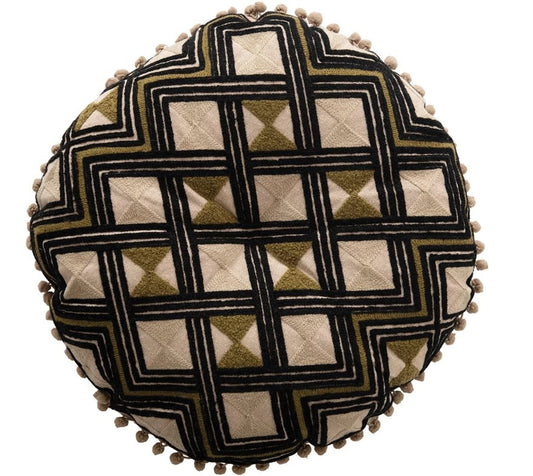 Coussin rond en coton brodé avec pompons