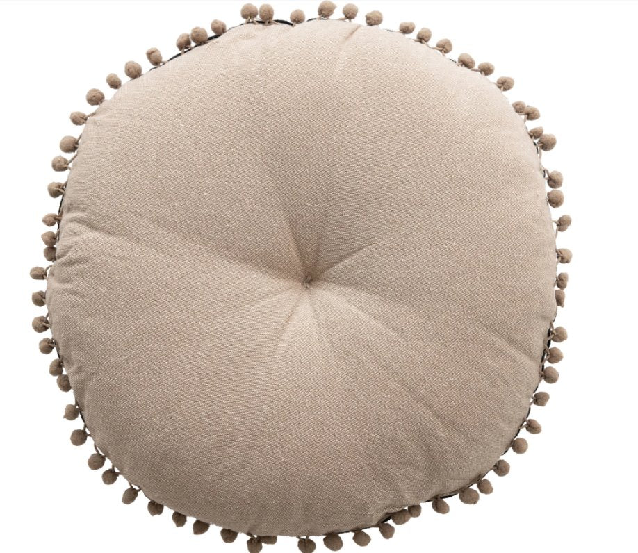 Coussin rond en coton brodé avec pompons