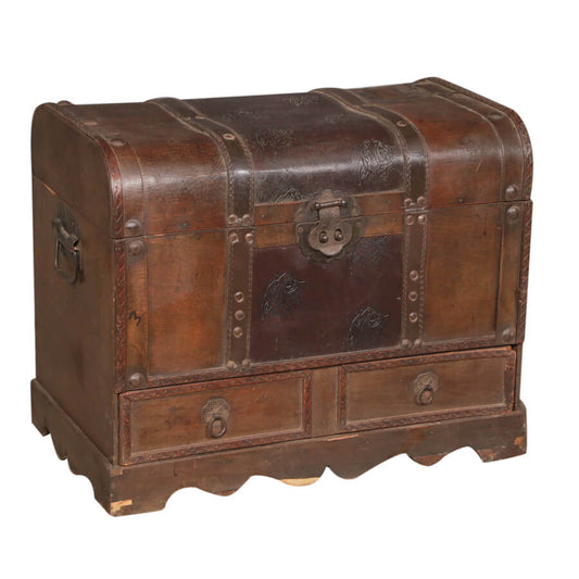 Coffre en teck avec finitions en cuir