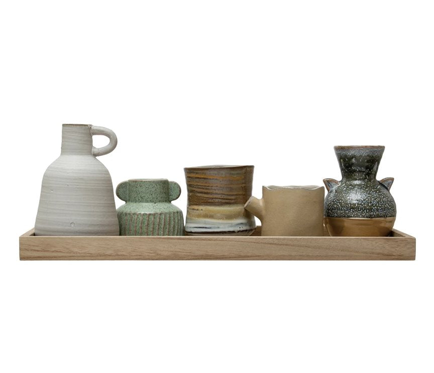 Plateau en bois de manguier avec vases et jardinières