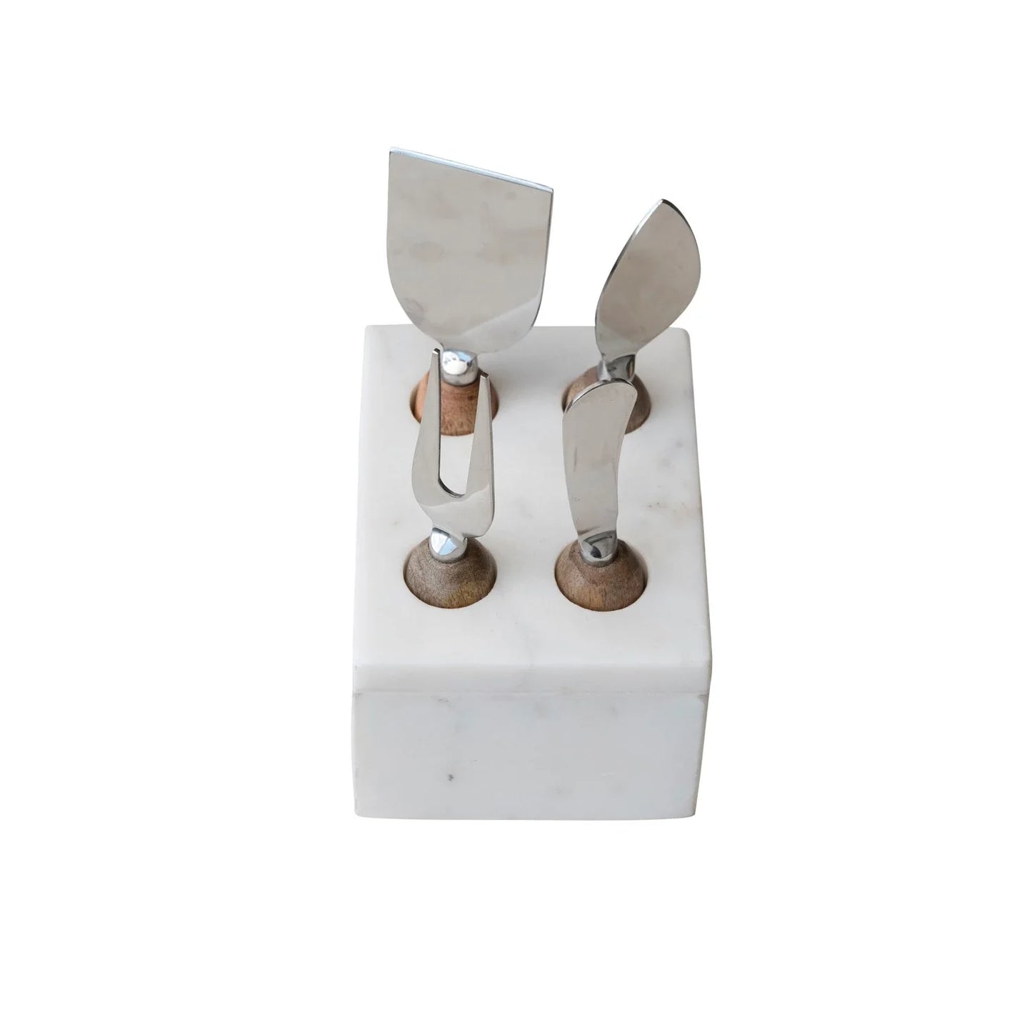 Service à fromage en acier inoxydable avec manches en bois de manguier et support en marbre