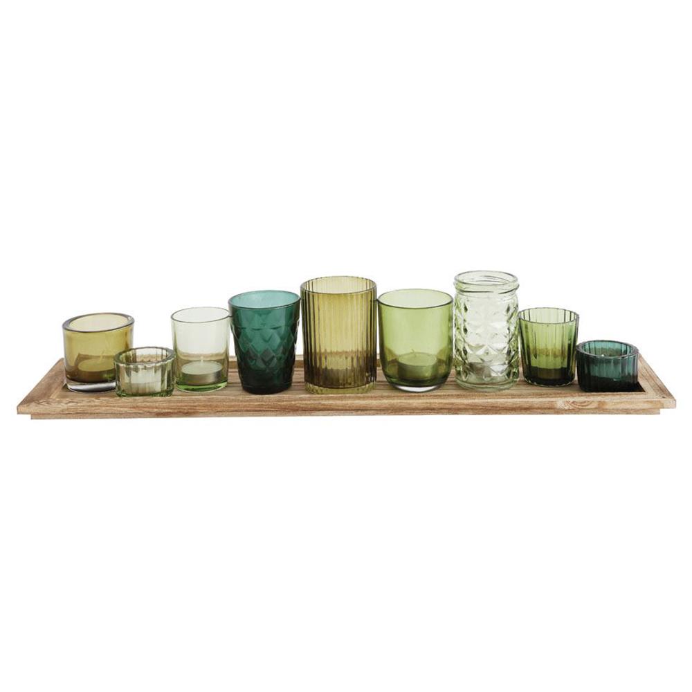 Ensemble plateau en bois et photophore en verre