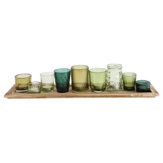 Ensemble plateau en bois et photophore en verre