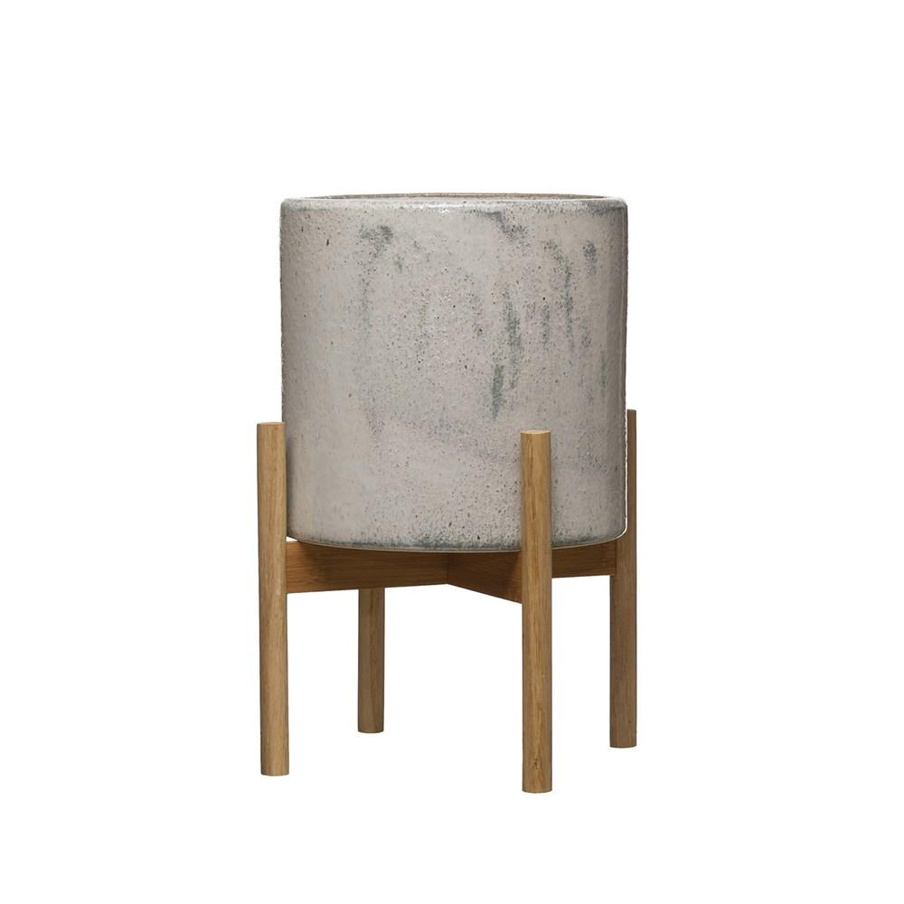 Pot de fleurs en grès avec support en bois