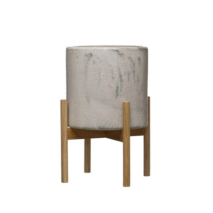 Pot de fleurs en grès avec support en bois