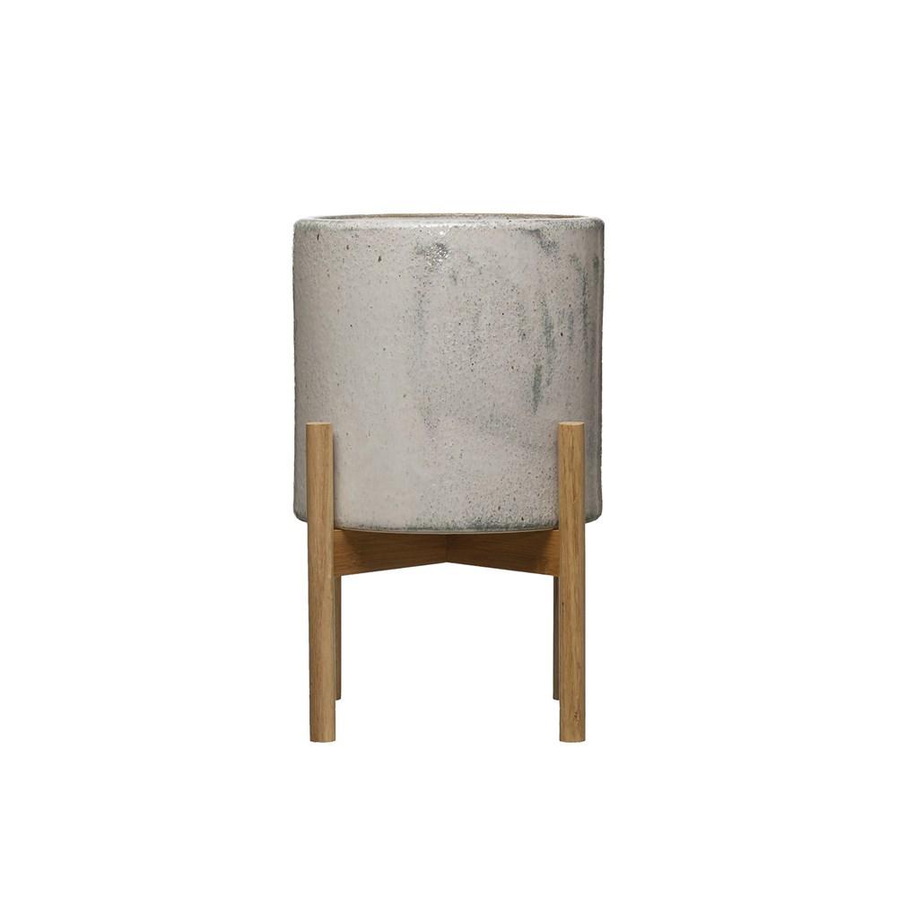 Pot de fleurs en grès avec support en bois