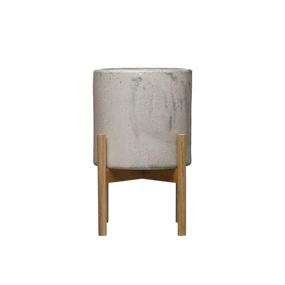 Pot de fleurs en grès avec support en bois