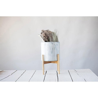 Pot de fleurs en grès avec support en bois